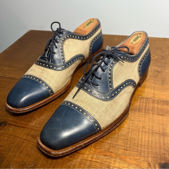 Romano Martegani for Francos handmade brogue oxford blue leather cream linen 9.5 - Picture 2 of 15